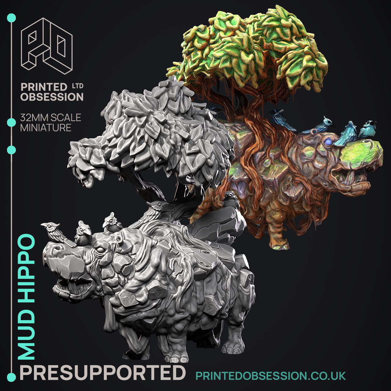 Mud Hippo - Elemental Creature - PRESUPPORTED - Illustrated and Stats - 32mm scale